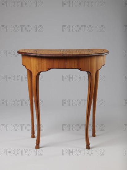 Table, Auxiliary table, ca. 1730–1750, Saxony . Height 72.5 cm, width 71.5 cm, depth 46.2 cm. Supported by four slender, slightly curved S-shaped legs framed and bound with a rosewood ribbon; feet in the form of hooves, stained black. Front frame concave with a small central drawer. Tabletop decorated centrally with a fan enclosed by four fields separated by a ribbon of irregular, rounded outline and a narrow crosswise frame. Fan setting inlaid with mother-of-pearl rosettes, entire surface bound with tin veining; lower part of fan features alternating light and dark areas. Tabletop edge veneered with yew solid wood. Mortise lock, single-bolt with brass plate. Ornament: fans, ribbon-and-pincer; animal legs hooves., A wooden table with a semi-circular top and a warm light-brown finish stands on slender, curved legs; the tabletop shows a darker brown edge and a subtle radial inlay pattern in the center, and the legs and apron display gentle curved cutouts and slender tapering forms; the s...