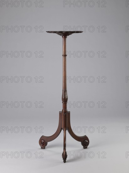 Side table, TABLE with a top in the form of a round saucer mounted on a turned stem forked into a tripod. The top has cut-out recesses for a jug and eight glasses. The central stem is in the form of a baluster with carved acanthus leaves. Legs made of channel-shaped slats, topped with volutes at the bottom, with turned knobs applied on the sides. 1820–1840, England. Furniture; table. Height 100.5 cm; width 39 cm; depth 39 cm., A tall, slender wooden stand with a dark brown finish, featuring a shallow round top with a scalloped edge, a long turned central column with subtle carved detailing, and a tripod base of three curved legs each ending in rounded scroll-like feet; the background is a smooth light gray and the floor area is a slightly lighter gray.