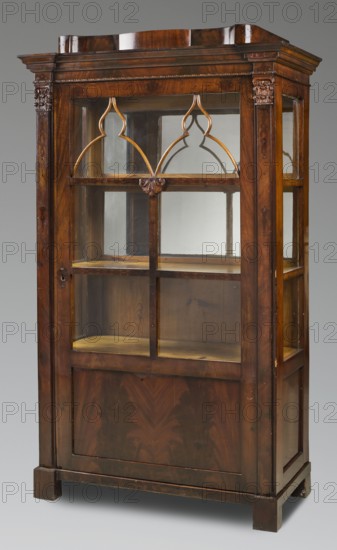 Display cabinet, plant decoration, Biedermeier style, architectural elements in the finial. In the front corners, pilasters, along with the door leaf, are decorated with brass applications. In the upper part of the door, a transom in the form of two neo-Gothic arches. 1820–1835, Central Europe. Furniture for displaying objects. Height 170.5 cm, width 98.3 cm, depth 48.9 cm., A tall wooden display cabinet with a rich brown finish stands against a neutral gray background, featuring a rectangular form with a molded cornice top and carved decorative accents at the upper corners. The cabinet has a front glass door divided into several panes, with an upper decorative muntin pattern forming two pointed arch shapes highlighted by a lighter wood trim and a carved floral motif at the center. Inside the cabinet are a few wooden shelves with a lighter brown surface visible through the glass. The sides of the cabinet also include glass panels set within the dark brown wood frame. The lower section ...