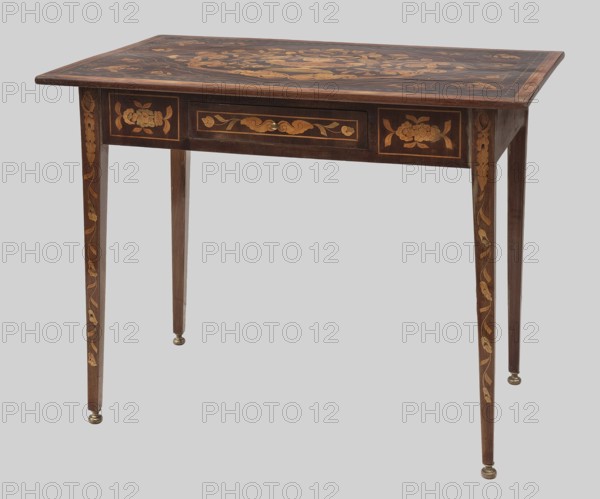 Table, birds, plant ornament, vases with flowers, classicism style, late 18th century, Netherlands, furniture, table, height 73 cm, width 89 cm, depth 56 cm, A wooden table with a rectangular top and tapered legs, featuring decorative inlaid floral patterns in lighter wood tones against a darker brown surface; the tabletop and apron show ornate floral marquetry, the legs have vertical vine-like inlay, and small round metal feet are visible at the leg ends; the colors visible include dark brown, light brown, golden wood tones, and small brass-colored accents, set against a pale gray background.