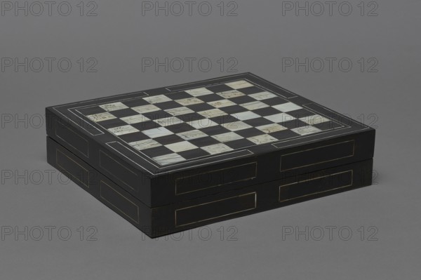 Chess, mill and backgammon box;, games; flower vases; chess; ; plant decoration; baroque style; landscapes; backgammon; animals; birds; checkers; 1680s, France; furniture; game furniture; height 9 cm, width 37 cm, depth 32.8 cm, A rectangular wooden box with a checkerboard pattern on its top rests on a flat surface; the box is primarily black with inlaid lighter squares in shades of white, cream, and pale beige forming the board, and there are thin inlaid border lines in a lighter color around the board and along the sides; the surface beneath and the background are shades of gray, and the overall scene shows subtle shadows and highlights on the box surfaces.