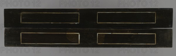 Chess, mill and backgammon box, games; flower vases; chess; plant decoration; baroque style; landscapes; backgammon; animals; birds; checkers; dated 1680s; France; furniture; game furniture; height 9 cm; width 37 cm; depth 32.8 cm; ., A flat horizontal object with a paired rectangular panel design, showing two stacked bands each containing two recessed rectangular insets, all in dark brown to almost black wood with visible grain and worn edges, with thin lighter beige or cream lines outlining the recessed panels and small patches where the surface finish is rubbed away, set against a neutral gray background.