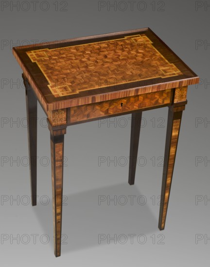 Table, restitution provenance, classicism style, geometric ornament, rosettes ornament. Rectangular classicist table, inlaid, supported by four straight, converging legs. Leg surfaces decorated with rose-filled fields, edged with light veining. Leg cubes with inlaid rosettes. Straight frame repeating the outline of the top, with a drawer on the longer side, inlaid with the top into a cube in perspective. The top is bordered with a straight edge creating a kind of gallery. Semi-mortise, flush, single-bolt lock. Late 18th century, Central Europe. Furniture, table. Height 71 cm; width 39.5 cm; depth 52.5 cm., A wooden side table with a rectangular top featuring an intricate geometric parquet pattern in warm brown and amber tones framed by darker brown and lighter yellowish-brown inlay, supported by four tapered legs finished in dark brown with lighter brown vertical panels on the front legs, a narrow apron with matching geometric marquetry and small carved floral motifs at the upper corne...