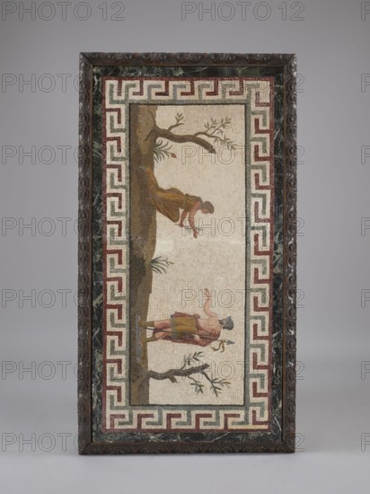 Table, Neo-Baroque richly carved table with a rectangular mosaic top supported by four supports in the form of caryatids transforming into dolphins at the bottom, connected by an openwork frame. The frame on the long sides consists of an acanthus coat-of-arms cartouche held by a pair of mermaids; the side frames comprise an acanthus cartouche and an acanthus twig with flowers. Putti in loincloths sit on the dolphins that serve as the feet of the legs. Nude female figures, with corals around their necks, support the tabletop with their right hands and rest their left hands on their hips. The mosaic is set into the tabletop with a profiled carved border a braid with a plant twig; the figurative scene is framed by a wide border with a meander. On the left, a woman kneels on her left knee holding a branch in her left hand; on the right, a man in a tunic raises his right hand and holds a spear in his left. The composition is decorated in shades of gray, blue, and beige with brown. The foot ...