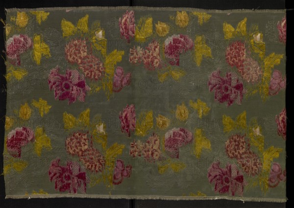 Fragment of patterned silk fabric, plant motifs in a naturalistic style, brocaded with tied weft threads in light and dark green, yellow, light and dark salmon and raspberry pinks, white, silver braided thread, and dark brown/black. Background: cannelé 3 coups with an effet poil traînant. Weave structure: Gros de Tours with effet poil traînant, liseré, broché à liége repris type 3. Rich use of silver threads enhances a strong chiaroscuro modelling reminiscent of Jean Revel's flower-and-fruit designs; three-dimensional brocade effect typical of Lyon silk weaving from the 1730s. Stiff silk with grosgrain structure, used for representative court dress Robe à la française in the first half of the 18th century. 18th century, France. Height 97 cm, width 55 cm., A rectangular piece of fabric with a muted green background displays a repeating floral pattern in shades of pink and deep rose for the blooms, mustard yellow for leaves and accents, and pale cream highlights; the surface shows woven ...