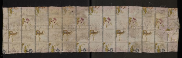 Fabric fragment: pale pink silk brocaded with colorful and silver threads. Brocade threads: light green, pink, pale pink, light brown, white, blue, pale purple, cherry red, silver. Fabric divided into horizontal silver stripes forming the basis for alternating miniature landscapes: a tuft with a tree, smaller tree silhouettes, and a fragment of ruins overgrown with vegetation. Landscapes separated by vertical stripes and floral bouquets woven from the background. Background weave derived from linen a type of rep. 2nd half of the 18th century, France. Height 106 cm, width 23 cm. Report: height 13.5 x width ?, A long rectangular textile with a pale background laid flat against a dark surface, patterned in a grid of vertical and horizontal bands creating a series of rectangular panels; within many panels there are small floral and vine motifs in colors including gold, olive green, muted pink, deep pink, blue, and pale brown, and some panels show a faint tone-on-tone botanical pattern; nar...