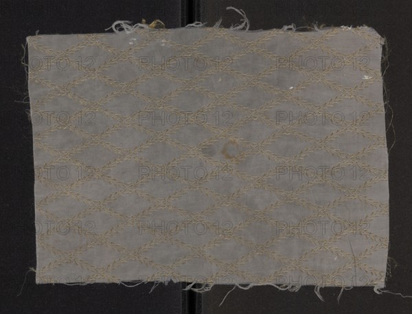 Fabric fragment, silk fragment of patterned fabric with a net composition and preserved pattern. Gray grosgrain with a network of small twigs with bows; yellow-gold and olive ornament. Pattern repeat: 5 x 2.2 cm. 18th century, France, height 28.5 cm, width 21 cm., A rectangular piece of fabric with frayed edges laid flat against a dark background, showing a repeating diagonal lattice pattern of leafy motifs. The fabric appears light gray with the embroidered pattern in a muted gold tone. There are a few small discolorations and faint marks on the fabric surface, and some loose threads along the borders. The background around the fabric is dark charcoal or black.