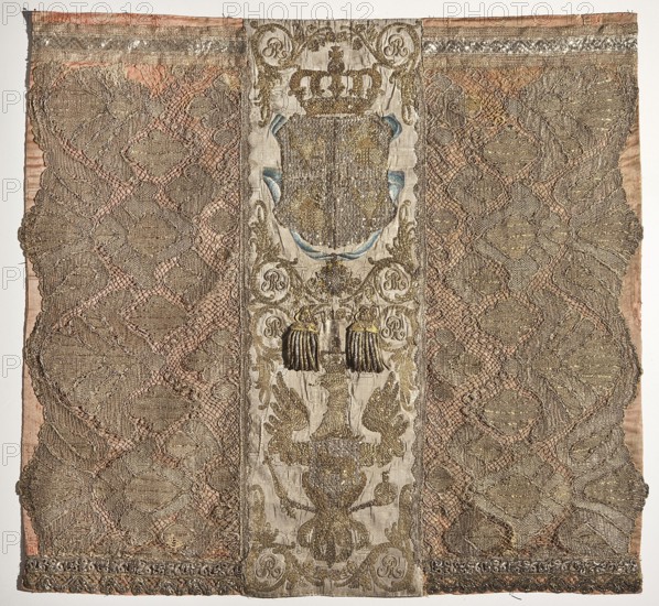 Silk tapestry, 2nd half of the 18th century, Poland. Composition of three vertical stripes: central stripe embroidered on white grosgrain with gold metal thread, bullion, thread, and silk yarn. Upper part shows a cartouche under a crown entwined with a blue ribbon bearing the star of the Order of the White Eagle; the cartouche is divided into five fields containing the White Eagle and Pogon, with the SAR monogram in the center. Below is an eagle with the Ciolek coat of arms in a cartouche on its chest. Royal numerals SAR appear in the corners of the upper and lower parts. Side stripes are pink originally probably crimson grosgrain with wide gold bobbin lace sewn on. Ribbons formerly attached have been removed. Lining of pink cotton or silk? fabric. Height 83 cm, width 88 cm. Subjects/marks: Pogon, White Eagle, Ciolek, SAR monogram; decorative tapestry., A rectangular textile panel with a central vertical band flanked by two wider patterned side panels; the central band is lighter in co...