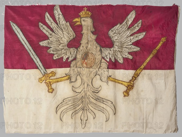 Infantry regiment pennant, double-sided banner. Blue fabric made of two silk grosgrain fabrics sewn together: cream at the bottom and red at the top. In the center, a painted White Eagle with a crown, holding a sword and scepter in its talons. On the eagle's chest, in an oval, is the two-field coat of arms of the electors of Saxony. Yellow paws, beak, sword hilt, and scepter are applied from yellow fabric. Dating: 1725–1750. Place of origin: Poland. Materials: fabrics silk grosgrain. Dimensions: height 83 cm, width 86 cm., A rectangular fabric with a horizontal division showing a deep red upper half and an off-white lower half, featuring a large stylized bird with outstretched wings occupying the center; the bird is rendered in beige and light brown tones with black outline details, a yellow beak, and a small yellow crown on its head, and it holds a pale gray sword with a yellow and gold hilt in one claw and a long yellow and gold staff or scepter in the other, with a circular emblem o...