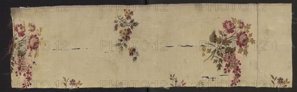 Fragment of fabric, fabrics, fragments of silk fabrics, patterned fabrics, fabrics with preserved selvedge, floral patterns, 18th-century silk fabric, Gros de tours liseré, 1 lat de lancé, broché a liagé repris White cream background - gros de tours liseré, brocaded with threads: olive green, dark green, dark pink, pale red, heather Report: 59 x width ? Width of the edge selvedge: 0.6 m, 18th century, France, height 81 cm, width 23 cm, A strip of pale beige fabric with a few clusters of embroidered flowers in shades of pink, magenta, yellow, olive green, brown, and white, showing groups of roses and trailing blossoms at either end and a small vertical cluster near the center, with scattered small floral sprigs toward the bottom edge; the fabric has visible wear and areas of fraying, thin lines of darker discoloration, and faint woven floral patterns in the ground.