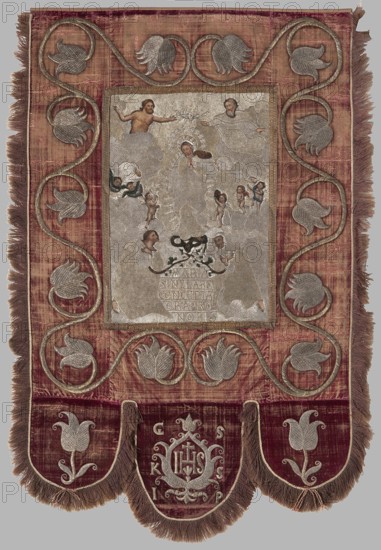 Church banner, Embroidered and painted textile, 17th century, Poland. Church banner with a scene showing Mary the Immaculate Conception Coronation of the Virgin Mary surrounded by God the Father, Christ, and the Dove of the Holy Spirit. Central image partly embroidered with gold thread on canvas and partly painted skin tones and flowers in oil on canvas; embroidery laid on a low backing; border of red silk velvet embroidered with floral tendrils. In the center Mary is surrounded by angels in rays; above right God the Father, above left Christ, above Mary's head the Dove. At the bottom two figures of monks in habits with folded hands, from which rose branches grow; between them the inscription “S/MARIA/SINIELABIE/CONCEPTA/ORAPRO/NOBIS.” Lower edge serrated in a semicircle: central larger “tooth” with a stylized palmette containing the letters IHS and around it the letters “GS/ KS/ IP”; smaller side teeth with stylized tulip branches. Materials: textiles, embroidered textiles. Dimensions...