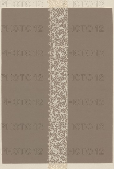 Lace fragment, lace, Pattern composed of branched floral stem motifs. Joining de brides with picots. Lower edge serrated into single or triple picots, upper edge straight. Sewn in two pieces. 2nd half of the 17th century, France. Lace, length 98 cm, width 3.5 cm., A vertical strip of delicate lace runs down the center of the image against a large rectangular background; the lace is off-white or cream with an intricate openwork pattern of loops and floral-like shapes, while the background is a muted brown or taupe with a slightly textured appearance and a narrow off-white border along the outer edges.