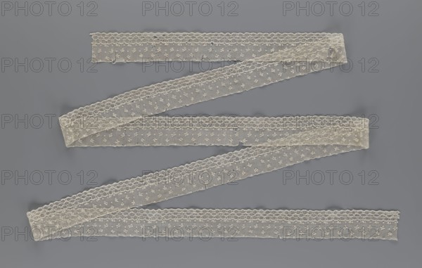 Lace fragment, lace. Edge ornament on one side — a kind of net with numerous loops, small round and slightly larger oval ones, into which small twigs are woven. Above the edge ornament, against the netting background, in regular projections alternate: a twig and a round point. 18th–19th century, France. Materials: lace, fabric. Dimensions: width 8.5 cm, length 408 cm., A long strip of delicate lace ribbon arranged in a zigzag pattern across a flat surface, the ribbon showing a repeating floral and geometric embroidered pattern and scalloped edges; the lace is a pale off-white or cream color and the background is a muted gray.