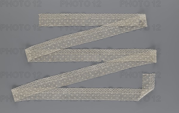 Lace fragment, edge ornament on one side — a net with numerous loops small, round and slightly larger oval into which small twigs are woven. Above the edge ornament, against a netting background, regular projections alternate: a twig and a round point. 18th–19th century, France. Materials: lace, fabric. Width 8.5 cm; length 408 cm., A length of delicate lace ribbon arranged in a zigzag pattern across a flat background, the ribbon appearing sheer and pale with a repeating floral eyelet motif and a scalloped decorative edge; the lace shows intricate openwork with small embroidered floral clusters and a chain-like border, and the ribbon lies with soft folds and slight overlaps creating subtle shadows; visible colors include off-white or cream for the lace and a muted gray for the background.