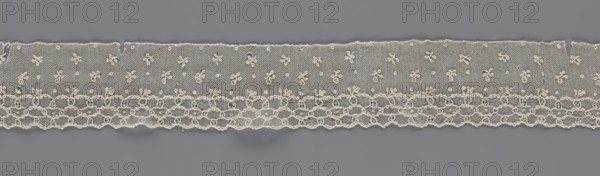 Lace fragment, lace; Edge ornament on one side — a kind of net with numerous loops, small round and slightly larger oval ones, into which small twigs are woven. Above the edge ornament, against the netting background, in regular projections alternate: a twig and a round point. 18th–19th century, France. Materials: lace, fabric. Width 8.5 cm, length 408 cm., A strip of delicate lace in off-white laid horizontally against a smooth gray background, featuring a sheer mesh upper section dotted with a scattered pattern of small floral motifs and tiny raised loops, a lower decorative band of interconnected circular and looped designs forming a scalloped edge, and fine threadwork with subtle irregularities and loose fibers visible along the top and bottom edges.