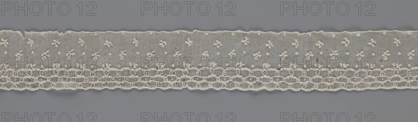 Lace fragment, lace; edge ornament on one side — a kind of net with numerous loops, small round and slightly larger oval ones, into which small twigs are woven. Above the edge ornament, against the netting background, in regular projections alternate: a twig and a round point. 18th–19th century, France; fabric; width 8.5 cm, length 408 cm., A horizontal strip of delicate lace with a scalloped lower edge and a straight upper edge is shown against a gray background; the lace is off-white or ivory and features a fine netted mesh with a repeating pattern of small floral motifs and tiny round accents in the upper area, while the lower area contains a denser, more openwork band of interlocking oval and circular shapes connected by looping threads, creating a contrast between the lighter mesh and the heavier decorative border.