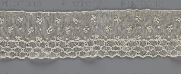 Lace fragment, lace, Edge ornament on one side - a kind of net with numerous loops, small, round and slightly larger oval ones, into which small twigs are woven. Above the edge ornament, against the netting background, in regular projections alternate: a twig and a round point. 18th–19th century, France, lace, fabric, width 8.5 cm, length 408 cm, A horizontal strip of delicate lace in off-white displayed against a smooth medium-gray background, showing a fine hexagonal mesh with a scattering of small floral motifs made from looped stitches and tiny round accents across the upper portion, and a denser lower border featuring interconnected oval and circular motifs with scalloped edge detailing; the lace shows slight irregularities along its top and bottom edges and subtle shadows where it meets the background.