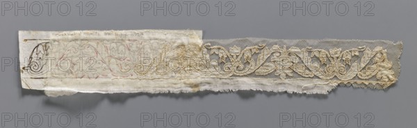 Two fragments of appliqués on batiste tulle. a/ with a floral tendril pattern. b/ with a fragment of cardboard sewn on. 19th century, Europe. Varia, clothing accessories, fabric. Width 5.5 cm, length 34 cm., A long narrow strip of fabric laid flat against a gray background showing a decorative lace border with an embroidered floral and scroll motif in beige and off-white tones, attached to a backing of frayed, semi-sheer white or cream cloth with faint traces of pinkish stitch marks and darker beige smudges; the lace has a fine mesh ground and features flowing leaf and flower shapes in a slightly darker beige thread, while the backing includes a small piece of stiffer white or cream paper or fabric at one end with a simple dark brown decorative mark.