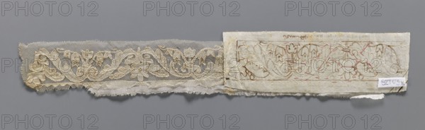 Two fragments of appliqués on batiste tulle. a with a floral tendril pattern. b with a fragment of cardboard sewn on. 19th century, Europe. Lace, embroidery and appliqué patterns; clothing accessory fabric. Width 5.5 cm, length 34 cm., A long narrow fabric fragment and attached paper pattern sit against a gray background; the fabric section is an off-white to beige lace with a floral and scrolling vine design set on a fine mesh ground, edges frayed and uneven, showing a few areas of darker beige where the thread has aged; the paper piece is a yellowed cream color with embossed and drawn floral motifs in faint brown and red lines and a small rectangular white patch affixed near one corner; overall colors visible include gray, off-white, beige, cream, brown, red, and white.