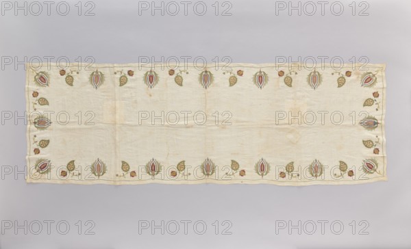 Church napkin made of thin white linen batiste edged with multicoloured embroidery. Ornament composed of large projections of stylized Eastern-style flower and fruit sprigs. Embroidered with very fine stitches along the lines of the drawing with silk thread: light celadon, light blue, turquoise, yellow-ochre, pink, burgundy, blue, dark beige, and gold thread. Embroidered motifs are arranged around the edges. The center is plain. Alternating motifs: a tulip flower in cross-section creating a stylized palmette, and a pomegranate branch with a leaf, inside which is a floral sprig. In the corners, tulips-palmettes are arranged diagonally. Around the edges, a pattern is embroidered with light turquoise thread in a double duct. Double-sided embroidery, executed with silk yarn and metal-braided thread with a silk core, flat, pierced stitches: satin. Length of individual stitches approx. 2 mm. Density: 27 w/23 o per 1 cm2. Date: approx. 1686. Origin: Poland. Materials: fabrics. Dimensions: len...