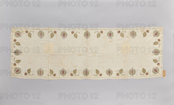 Church napkin made of thin white linen batiste edged with multicoloured embroidery. Ornament composed of large projections of stylized Eastern-style flower and fruit sprigs. Embroidered with very fine stitches along the lines of the drawing with silk thread: light celadon, light blue, turquoise, yellow-ochre, pink, burgundy, blue, dark beige, and gold thread. Embroidered motifs are arranged around the edges. The center is plain. Alternating motifs: a tulip flower in cross-section creating a stylized palmette, and a pomegranate branch with a leaf, inside which is a floral sprig. In the corners, tulips-palmettes are arranged diagonally. Around the edges, a pattern is embroidered with light turquoise thread in a double duct. Double-sided embroidery, executed with silk yarn and metal-braided thread with a silk core, flat, pierced stitches: satin. Length of individual stitches approx. 2 mm. Density: 27 w/23 o per 1 cm². Date approx. 1686. Place of origin: Poland. Materials: fabrics. Dimensi...