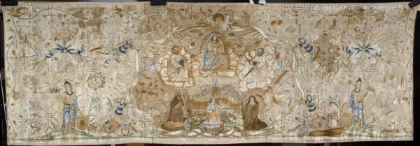 Antependium by Anna Barbara Orliec embroiderer, 1693. Antependium embroidered with colorful silks on a creamy pink satin background, details worked with metal thread; techniques include flat, split, and knotted stitches and metal-braided threads laid flat. Size: height 90 cm, width 274 cm. In the center, within a wide ribbon wreath supported by four archangels in short armor holding palm leaves, is a walled city surmounted by Mary and Child, St. Peter, and St. Paul. Kneeling before the city are a bishop bearing the Junosza coat of arms three lambs, an abbot with the Brinken coat of arms three roses behind a shield resembling crossed crosiers, and an abbess with the Nowina coat of arms. Around them are flowers, a floral tendril, and six angel heads encircling Mary. On the sides are two figures in antique-style robes holding horns filled with flowers and heraldic shields — one possibly showing the coat of arms of Kraków a city gate with an eagle, the other illegible. At the bottom are tw...