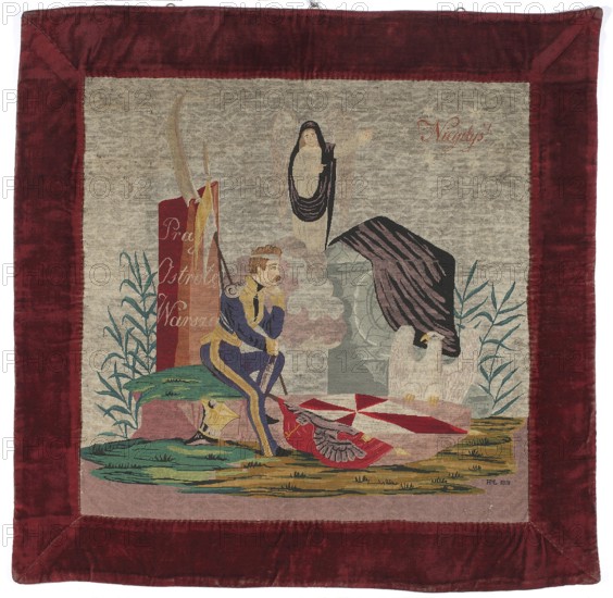 Wall-hanging picture, wall-hangings, embroidery, White Eagle coat of arms, scythes, lances, banners, columns, inscriptions. Wall-hanging embroidered in fine cross-stitch depicting a symbolic scene: in the foreground a wounded soldier uhlan; behind him a column with the inscription Praga, Ostroleka, Warsaw. In the background an angel; below a gun carriage covered with a pall and the White Eagle. Trim of dark cherry plush. An angel, also draped in a pall, points with his hand to the inscription Once. Behind the uhlan are a scythe and lance with a pennant leaning against the column. In front of the uhlan are banners on the ground, next to them a White Eagle. In the lower right corner are the letters and the date HL1831. Dark cherry plush trim. 1831, Poland; fabrics; height 70 cm, width 70 cm., A textile panel framed by a wide burgundy border shows a central scene with muted gray-beige background and a variety of colored stitched elements. In the scene a seated male figure in a dark blue o...