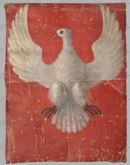 One-sided pennant, creator unknown, ; pennant/vexillum depicting the White Eagle coat of arms; associated with the January Uprising 1863–1864; painted fabric, made in 1863; one-sided pennant painted on a red background showing the White Eagle with spread wings, without a crown or other attributes; textile, height 67 cm, width 51 cm. A card bears the inscription Guidon/pris ana usur-gis polonais, N? 5718/35., A painted image of a large white bird with outstretched wings set against a red background; the bird has a rounded head and curved beak, visible eyes, layered feathers on its wings and tail, and a fluffy chest. The wings are wide and textured, the tail feathers are fanned, and the bird’s feet and curved talons are visible beneath the body. The red background shows worn areas, scratches, and visible surface cracks, and the white paint of the bird displays areas of wear and slight discoloration. Colors visible include white, red, gray, and small accents of dark brown or black on the ...