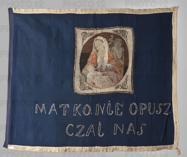 Double-sided banner, banners, gift, vexils, embroidery, mottos, Mary and Child with St. John iconography, January Uprising 1863–1864, inscriptions, White Eagle coat of arms, Pogon coat of arms, coats of arms, crowns; double-sided bluebell made of woolen fabric. On the main side, against a red and purple background, is the coat of arms of Poland and Lithuania – the Eagle and Pogon – and between them a large crown sewn on with beads, pearls, and sequins, with colorful flannel imitating precious stones. Below, an embroidered inscription in capital letters embroidered outline: FOR FAITH AND HOMELAND, 1863. On the reverse, an embroidered canvas painting of the Virgin Mary with Baby Jesus and John the Baptist, sewn at the top. Below the painting, an embroidered inscription: MOTHER DO NOT ABORT US. 1863. Origin: Poland. Materials: fabrics. Dimensions: height 126 cm, width 103 cm., A large rectangular fabric panel in deep blue with a light beige border shows a square embroidered image near the...