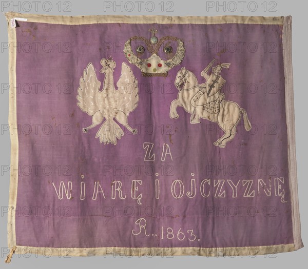 Double-sided banner, banners, gift, vexils, embroidery, mottos, Mary and Child with St. John iconography, January Uprising 1863–1864, inscriptions, White Eagle coat of arms, Pogon coat of arms, coats of arms, crowns; double-sided bluebell made of woolen fabric. On the main side, against a red and purple background, are the coat of arms of Poland and Lithuania – the Eagle and Pogon – with a large crown sewn on with beads, pearls, and sequins, and colorful flannel imitating precious stones. Below, an embroidered inscription in capital letters embroidered outline: FOR FAITH AND HOMELAND, 1863. On the reverse, an embroidered canvas painting of the Virgin Mary with Baby Jesus and John the Baptist, sewn at the top. Below the painting, an embroidered inscription: MOTHER DO NOT ABORT US. 1863. Poland. Fabrics. Height 126 cm, width 103 cm., A rectangular fabric banner with a wide pale border and a faded purple central field, showing a stitched white bird with outstretched wings on the left and ...