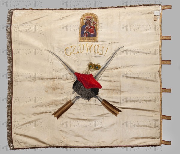 Double-sided banner, vexillium, Our Lady of Czestochowa iconographic, White Eagle coat of arms, Double-sided banner with insurgent symbols. On the main white side, at the top center, there is a small applied jacquard image of Our Lady of Czestochowa; below is an embroidered inscription CZUWAJ; beneath, against the background of crossed scythes standing upright, a Maciejówka cap with peacock feathers. On the reverse, a white eagle under a crown embroidered on a red background. Edge trimmed with gold fringe. 2nd half of the 19th century, Poland. Banner; height 115 cm, width 122 cm., A square fabric banner with a beige background and a fringed brown edge, showing signs of creases and stains across its surface, with a small rectangular embroidered image near the top depicting two robed figures in blue, red, and gold, and a decorative gold border; below that image is a curved embroidered motif in gold thread. Centered on the banner is an embroidered composition of crossed long gray blades, ...