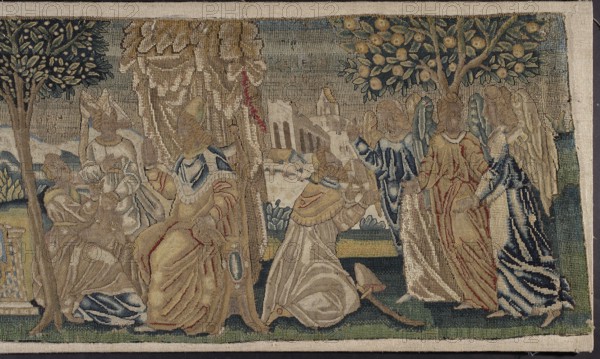 Embroidery with scenes from the history of Abraham, embroidery, Abraham Bible, Sarah Bible, Hagar Bible, angels, biblical scenes, interior furnishings, decorative fabrics, 4 scenes from the life of Abraham: 1 Abraham with Sarah to the Pharaoh. 2 Melchizedek offers Abraham bread. 3 Abraham and three angels. 4 Abraham, Sarah, and Hagar with Ishmael. 16th century, Poland, fabrics, height 44.5 cm, width 200 cm, A woven scene showing a group of robed figures gathered outdoors beneath trees, with textiles and drapery forming a canopy and background architecture visible beyond them. The figures wear flowing garments with patterns of stripes and folds in colors including beige, cream, blue, navy, green, red, and gold. Several trees with green and yellow foliage frame the scene, and there is a grassy ground in shades of green. The woven texture is visible across the entire image, with muted tones of tan and gray making up the backdrop and details.