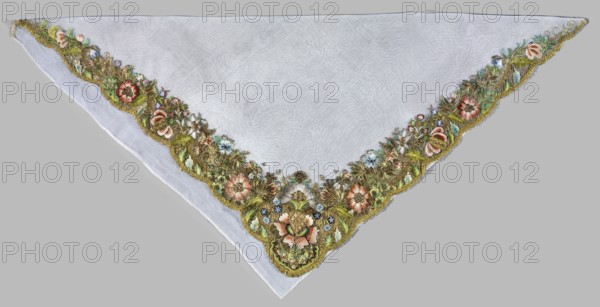 Shawl, repossession provenance; fashion accessory, embroidery; 18th century 1st half, Germany Henryków/Heinrichau; women's clothing; plant and flower patterns; fabric; dimensions: 80 × 80 cm., A triangular white fabric with a decorative embroidered border along two sides showing a dense floral pattern in greens, gold, pink, blue, brown, and cream, featuring stylized flowers, leaves, and scalloped gold edging against a pale gray background.