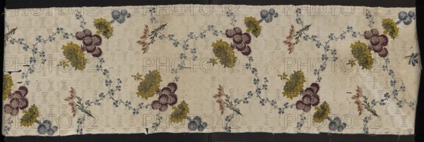 Fabric fragment, silk, Krzeszowice Lesser Poland Voivodeship, fragments of silk patterned fabrics with preserved selvedge, 18th-century silk fabric, floral patterns. Silk fabric fragment with white grosgrain background and a small liseré sub-pattern; colorful floral pattern brocaded with threads in white, light blue, blue, dark blue, dark pink, cherry red, apricot, pale red. Sub-pattern: net-like with small motifs; composed of two intersecting, winding ribbons of tiny blue flowers, one ribbon intersected by multi-tiered bouquets of various flowers in blue, plum, yellow-green. Plot width ?, edge width 0.4 cm. Reported dimensions: height 33 cm x width ? also noted height 106 cm, width 27 cm. 18th century, possibly England., A rectangular piece of fabric with a cream background patterned with a repeating floral design; a few clusters of rounded flowers in purple, yellow, and blue are scattered across the surface, connected by winding garlands of small blue leaves and occasional sprigs wit...
