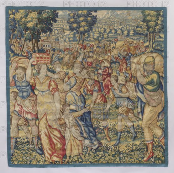 Figural tapestry, Geubels, Franz 1535–1590 artist/workshop, tapestries, battle scenes, antique scenes, historical scenes, interior furnishings, female figures, women with children, interior decorations. In the foreground, women with children walking with their belongings and men with bundles; farther back, people fleeing. Background: tree-covered mountains and, at their feet, a city. No border. Colors: green, red, sapphire blue, sand. 2nd half of the 16th century, Flanders, Brussels. Fabric. Height 214 cm; width 215 cm., A richly colored woven scene shows a group of people and animals in a pastoral landscape with trees and distant buildings. The foreground features several men, women, and children wearing flowing garments in shades of yellow, red, blue, green, and cream, some carrying bundles or baskets and one woman holding a small child. Figures have varied poses and hairstyles, and a few wear head coverings. To the right a bearded man in green and yellow carries a large load across ...