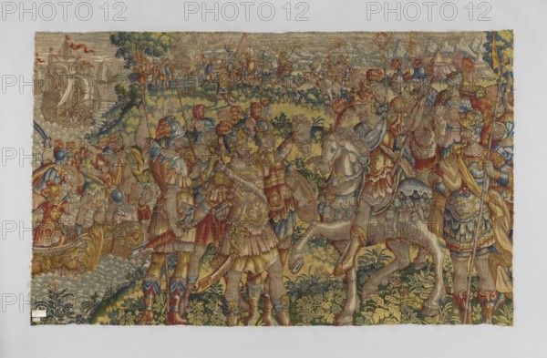 Figural tapestry by Franz Geubels 1535–1590, 2nd half of the 16th century, Brussels. Tapestry depicting a horizontal battle scene: in the foreground center a victorious general Caesar on horseback; a soldier in front holds the severed head of Pompey, flanked by other soldiers; on the right foreground a leader on horseback with a soldier holding a severed head. Background right shows a seascape with ships filled with troops; middle and left background show tents, troops on horseback, and a bonfire on the seashore; high horizon with outline of mountains. No border border clipped. Limited, saturated palette dominated by green, red, and sapphire; additional colors sand and yellow. Materials: woven decorative fabric; height 212 cm, width 347 cm., The image shows a richly colored woven tapestry depicting a crowded outdoor scene with a group of figures in elaborate clothing and armor, several horses, and a background with tents and a distant shoreline with ships; visible colors include gold, ...