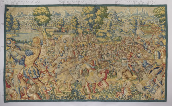Figural tapestry by Franz Geubels 1535–1590, woven in Brussels, Flanders, 2nd half of the 16th century. Tapestry depicts figures of a woman and a man facing each other, fighting soldiers in the foreground and background, and a mountain landscape; figures in military costume, decorative fabrics, and interior furnishings. No border. Colors: green, red, sapphire blue, sand, and yellow. Materials: fabrics; height 218 cm, width 358 cm., A densely detailed woven scene shows a large battle with many armored figures and horses across a grassy landscape, rendered in muted yellows, blues, greens, reds, and tans. In the foreground, several soldiers wearing helmets and breastplates clash with spears and swords, some figures crouched or fallen, and a few horses rearing. The midground contains a crowded mass of combatants extending into the distance, with more riders, banners, and shields. Background elements include rolling hills, a cluster of trees, a body of water, and architectural structures li...