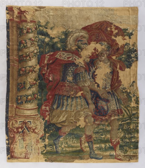 Fragment of a figural tapestry, flowers, leaves, floral ornaments, warriors, armor, fabrics, tapestries, interior furnishings, weaving, interior decorations, decorative tapestries. Figures walk from left to right. On the left, a column entwined with flowers and fruit. No border. Colors: green, sandy green, blue, and red. 16th century, Flanders. Fabrics; height 213 cm, width 182 cm.