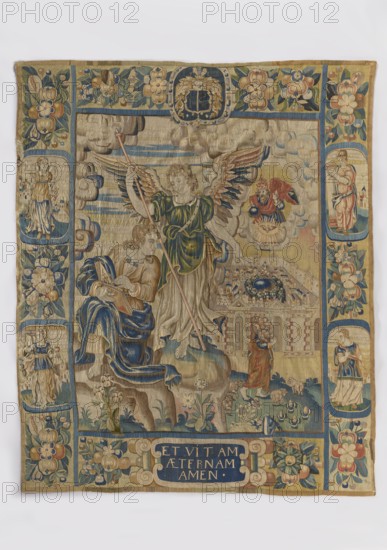 Figurative tapestry, maker, draughtsman: Maerten de Vos 1532–1602. Co-creator: Goluchów Greater Poland Voivodeship workshop. Tapestry depicting religious scenes from the New Testament—Apocalypse of St. John: foreground left St. John writing in a book with an angel pointing at the city; right, Heavenly Jerusalem with Christ as the Good Shepherd outside the walls with sheep; above the city God emerging from the clouds and the Holy Spirit as a dove. Border with bunches of flowers and fruit and medallions: side medallions personifications of virtues; top cartouche with Debno and Labedz coats of arms; bottom medallion inscription: ETVITAM/AETERNAM/AMEN. Colors: sand, navy blue, green, red, and pink. Early 17th century more precise dating suggested by Jerzy Samson Podbereski's marriage before 1602 and death 1629/1630. Materials: fabrics; height 284 cm, width 232 cm., A large woven textile hangs against a pale background, dominated by muted gold, beige, blue, green, red, and cream tones. The ...