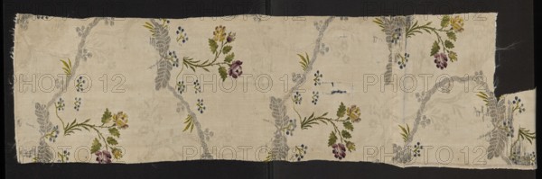 Fabric fragment, silk, unknown provenance; fragments of 18th-century patterned silk fabric with preserved selvedge. White ground with a grosgrain weave Gros de Tours featuring a small liseré motif, brocaded with colorful threads forming delicate rose twigs and silver twisting vine-ribbons. Brocade threads: green, celadon, lemon, pale pink, pale blue, raspberry, plum, paint. Metal threads: silver lamellar, frise silver, and metal thread with silver braid S. Selvedge width 0.7 cm. Dimensions: length 39 cm; overall height 98 cm, width 23 cm. Origin: France, 18th century., A rectangular piece of light beige fabric with a repeating floral and vine pattern laid against a black background, showing frayed edges and a few small areas of wear; the design features winding silvery-gray branches with textured leaves, sprigs of small round blue dots, and clusters of larger blossoms in shades of muted yellow, olive green, and deep mauve, with additional olive-green foliage and occasional pale green a...
