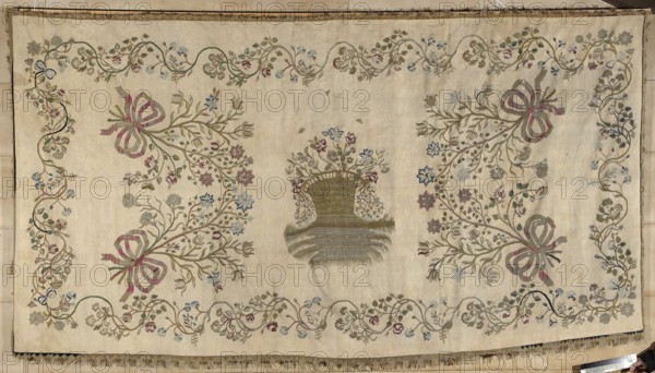 Kilim, Court kilim, 2nd half of the 18th century 18th century, Poland. Woven decorative fabric, height 196 cm, width 392 cm. Court kilim with a central large basket on a decoratively multiplied ground containing flowers on long branches with flying insects. The basket is surrounded by four large flower bouquets placed diagonally. The edge forms a border of a tendril with deep bends created by intertwining flower sprigs. Colors: white, olive green, magenta, and blue. Subjects: floral patterns, basket with flowers, flower bouquets; function: interior furnishing., A rectangular textile with a cream background features an ornate embroidered border of winding vines and flowers in shades of green, muted red, pale blue, gray, and brown; the central area shows a woven basket motif with floral sprays above and flowing ribbon-like botanical branches on either side, the ribbons rendered in pink and muted red tones and the foliage in green, brown, blue, and gray; small scattered floral details and...