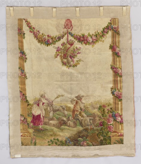 Figural tapestry, Pastoral scene with a shepherd, a shepherdess, and a boy. In the center of the landscape, a man with a knot on a stick, accompanied by a boy and a woman with a switch in hand, are heading right toward a distant village. In front of them, closer to the foreground, stands a goat and a flock of sheep, while a donkey emerges from behind the woman. The scene is flanked by tall columns decorated with garlands of interwoven flowers. Above, between the columns, a similar garland hangs attached to the architrave; smaller flower garlands hang low on a pendant entwining a shepherd's hat, staff, and wineskin. Colors: light cream background, multicolored flower garlands predominate in shades of pink and green in whitened tones. Fabrics with pastoral love scenes were popular from the late 1770s and were modeled on drawings by Jean-Baptiste Marie Huet 1745–1811. Date: 1750–1780. Place of origin: France. Material: fabric tapestry. Dimensions: height 220 cm, width 180 cm., A rectangul...