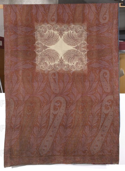 Shawl, Repossession provenance. Bota ornament, plant ornaments; fashion accessory and element of women's clothing. European shawl imitating Eastern products. Small square white central section with a plant ornament emerging from the corners. Wide border—wider at the ends—with a bota motif among leaves and flowers. Ornament colors: red, brick red, sky blue, yellow, green. 19th century, France. Fabric. Length 162 cm, width 323 cm., A large rectangular textile hangs vertically covering most of the frame with a central lighter rectangular panel surrounded by an ornate repeating paisley and leaf motif; the dominant colors visible are rusty red, muted brown, soft pink, and creamy beige, with touches of pale purple and faded orange; the fabric shows an intricate swirling design of elongated teardrop shapes and leafy fronds filling the lower and side borders, while the central area displays symmetrical featherlike swirls on a lighter background; the top edge reveals a narrow wooden rod and par...