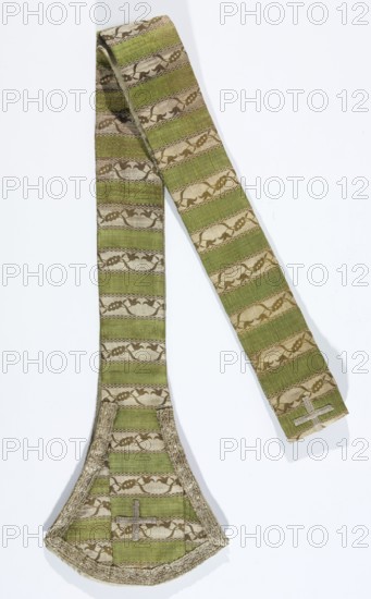 Stole, Liturgical vestment church vestment made entirely of kontusz sashes; silk with alternating green horizontal stripes—plain and on a white background with a small brown wreath-like ornament. Edges of the stripes are decorated with a small white-brown wreath-like ornament. Ends of the stole palettes are trapezoidal and trimmed with white-silver braid. Lining impregnated with pink linen. 2nd half of the 18th century, Poland. Length 200 cm, width 15 7 cm., A long fabric band with a wide flared end, shown against a plain pale background, features alternating horizontal stripes of green and beige with a repeating decorative vine-like motif in brown; the band has metallic gold trim around the flared end and a small metallic cross-shaped embellishment near the tip and at the wide end, and the fabric shows a woven texture with subtle variations in green, beige, brown, and gold.