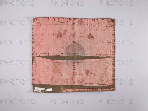 Velum; unknown creator; purchase provenance; church paraments; flowers, leaves, plant ornaments; sacred art; churches and chapels furnishings; 18th century, France; liturgical parament; height 42.5 cm, width 48.5 cm, A square piece of fabric with frayed edges laid flat against a light gray background, predominantly pink with faded and uneven discoloration, showing a darker olive-brown border and horizontal olive-brown bands across the middle and bottom; the pink surface has irregular blotches and stains in deeper pink and muted brown tones, along with subtle lighter pink patterned areas and a rounded, dome-like faded shape near the center where the colors blend into grayish-pink.