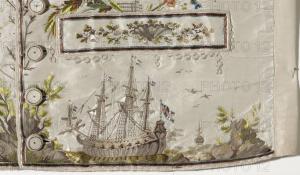 Vest, ships, seascapes, shells, plant ornaments, fashion, men's clothing. Vest made of cream silk grosgrain, straight cut, collarless, with flaps, fastened with covered buttons at the bottom marked by pocket flaps. Richly embroidered front, laced canvas back, silk lining. Embroidery background with small floral motifs; along the fastening are flower sprigs and grass. Chains around the pockets; above the pockets are flowers, a fragment of a stork's nest, and a seagull. Sea vegetation and shells adorn the pocket trim. Beneath the pockets is a fragment of a seascape: two three-masted ships with a small ship in the background. Flat embroidery using satin, laid, and knotted stitches; untwisted and twisted silk yarn. Predominant colors: green, gray, and salmon. 1780s, Silesia and France origin, garment, length 70 cm., The image shows an embroidered scene on pale fabric featuring a large sailing ship with tall masts and rigging, several small flags in blue and pink, and sails rendered in mute...