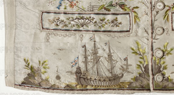 Vest, repossession provenance; subject motifs: ships, seascapes, shells, plant ornaments. Fashion: men's clothing. Vest made of cream silk grosgrain, straight cut, collarless, with flaps, fastened with covered buttons at the bottom marked by pocket flaps. Richly embroidered front, laced canvas back, silk lining. Embroidery background with small floral motifs; along the fastening are flower sprigs and grass. Chains around the pockets; above the pockets are flowers, a fragment of a stork's nest, and a seagull. Sea vegetation and shells adorn the pocket trim. Beneath the pockets is a fragment of a seascape with two three-masted ships and a small ship in the background. Flat embroidery using satin, laid, and knotted stitches; untwisted and twisted silk yarn. Predominant colors: green, gray, and salmon. Date: 1780s. Origin: Silesia, France. Garment length: 70 cm., A pale fabric panel with embroidered scenes and decorative borders, showing a large sailing ship with tall masts, rigging, and s...