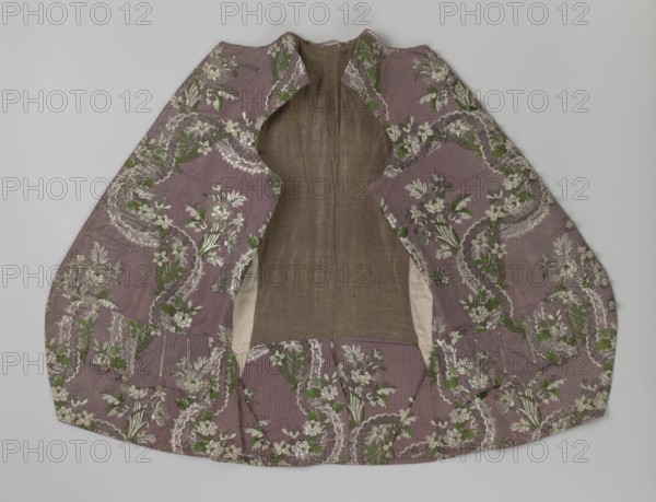 Vest, floral ornaments, patterned fabrics, Henryków German: Heinrichau - museum repository, fastened to the neck with 11 buttons, flaps on the sides with 4 buttons for fastening, embroidered in gold, back made of brown canvas at the top and fabric at the bottom as on the front, 1750s, Silesia, garment, length 76 cm, A fabric garment laid flat with an open center showing an inner plain panel; the outer fabric has a striped background in a muted mauve tone embellished with floral motifs and ornate scrolling in shades of green and cream, with darker brown visible on the inner panel and small areas of beige at the side openings; the overall shape is rounded with curved edges and the patterned fabric displays repeated clusters of leaves and flowers against the striped field.