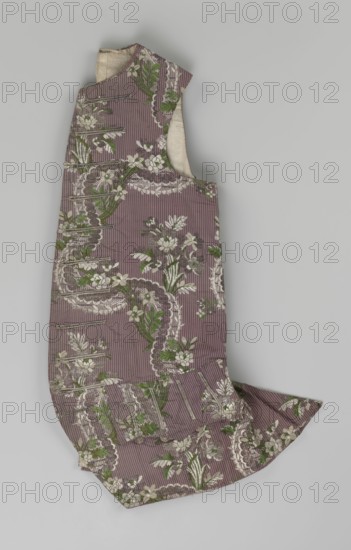 Vest, floral ornaments, patterned fabrics, Fastened to the neck with 11 buttons. Flaps on the sides, below them 4 buttons as for the fastening, embroidered in gold. The back is made of brown canvas at the top and fabric at the bottom as on the front. 1750s, Silesia, garment, length 76 cm, A sleeveless textile garment laid flat showing one side, patterned with floral and lace-like motifs; the main fabric is a muted purple with vertical ribbing, decorated with green leaves and white blossoms and pale beige or cream ornamental scrolls; the garment has a curved lower extension and a rounded neckline with a visible light beige lining at the armhole; the background is a pale gray.