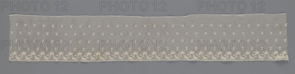 Fragment of lace, lace of unknown origin, floral ornaments, 19th century, Europe, lace, width 13 cm, length 75 cm, A long rectangular strip of delicate lace fabric lies against a gray background, the lace appearing off-white or cream with a fine open mesh and a scalloped lower edge; across the bottom edge there is a continuous floral embroidered border with looping stems and small clustered flowers, and above this border a scattered pattern of tiny embroidered motifs fills the central area, while the top edge is straight with a slightly uneven finished seam.